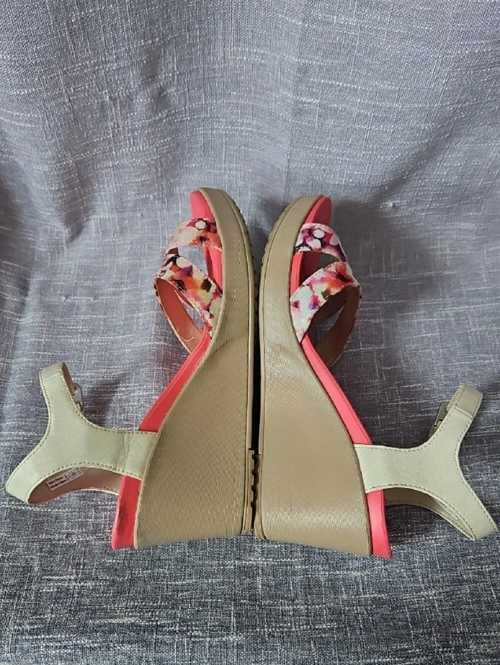 CROCS Pink Floral Wedge Sandals with Cream Ankle Strap